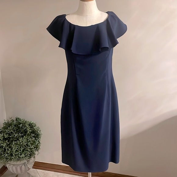 STATEMENT lace ruffled deep V BACK midi dress cocktail ruffled neckline Navy 10 - Picture 2 of 12